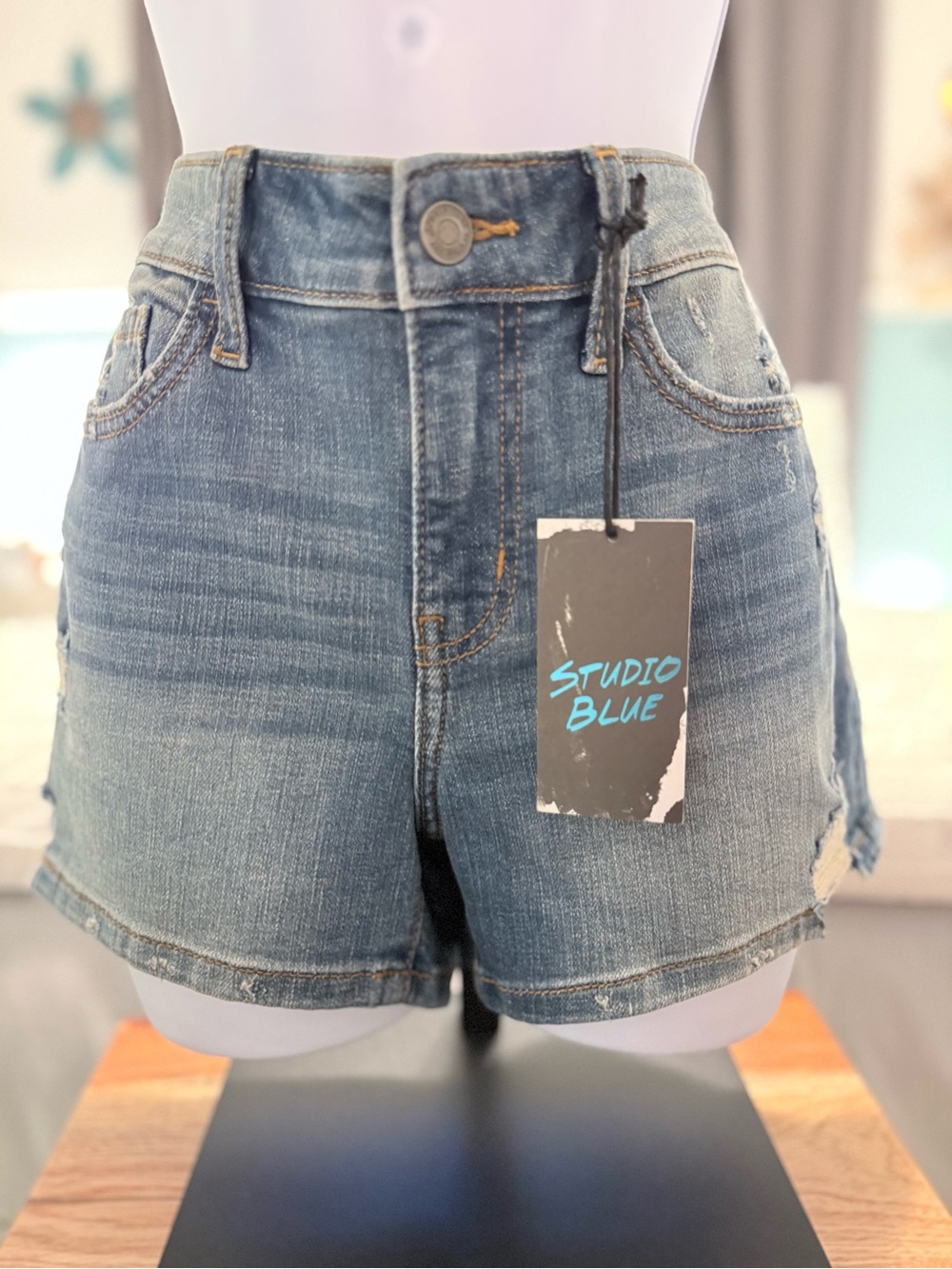 Studio High-Rise Faded Blue Denim Shorts